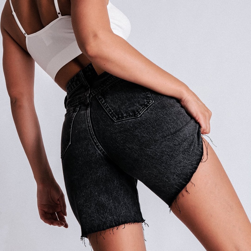 Meshki Raw Hem Longline Rigid Boyfriend Shorts